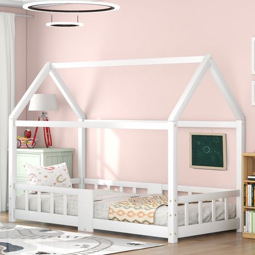 Lit Enfant 90 X 200 Cm - Lit Cabane Avec Sommier Et Plateau Noir - Bois De Pin - Blanc