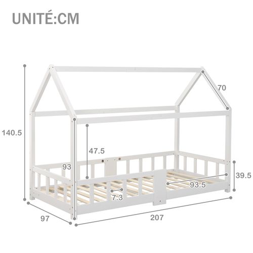 Lit Enfant 90 X 200 Cm - Lit Cabane Avec Sommier Et Plateau Noir - Bois De Pin - Blanc