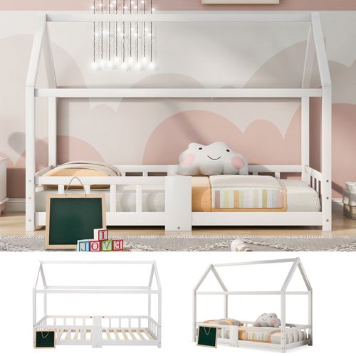 Lit Enfant 90 X 200 Cm - Lit Cabane Avec Sommier Et Plateau Noir - Bois De Pin - Blanc