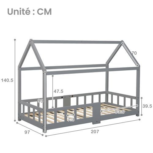 Lit Enfant 90 X 200 Cm - Lit Cabane Avec Barrières Et Plateau Noir - Structure Fiable - Gris