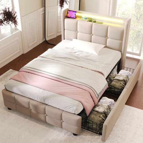 Lit Avec Rangement 90 X 200 Cm - Lit Simple Avec Ports USB Et Tiroirs - Lin Bois Métal - Beige