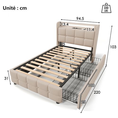 Lit Avec Rangement 90 X 200 Cm - Lit Simple Avec Ports USB Et Tiroirs - Lin Bois Métal - Beige