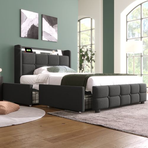 Lit Avec Rangement 90 X 200 Cm - Lit Simple Avec Ports USB Et Tiroirs - Contemporain - Gris