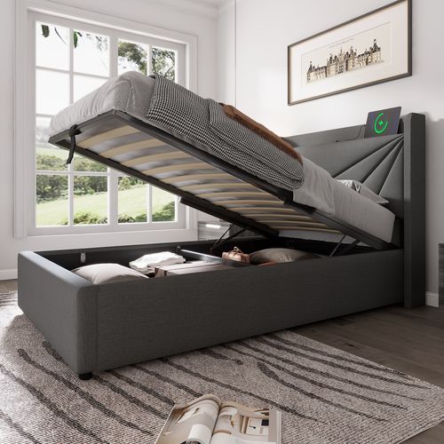 Lit Coffre 90x200 Cm - Lit Simple Capitonné Avec Sommier à Lattes - Coton Bois Métal - Gris