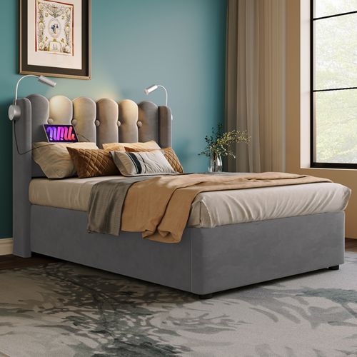 Lit Coffre 90x200 Cm - Lit Simple Capitonné Avec Charge USB Et Lampe LED - Velours - Gris