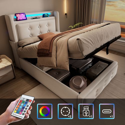 Lit Coffre 90 X 200 Cm - Lit Simple Avec Fonction Charge USB C Et LED - Design Moderne - Beige