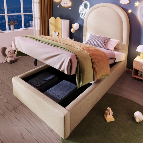 Lit Coffre Enfant 90x190cm - Capitonné Tête Cosmique - Design Moderne - Beige