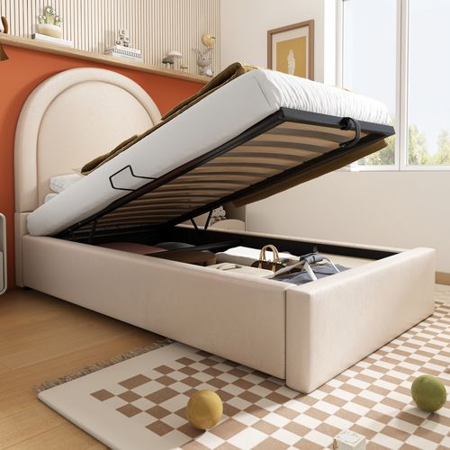 Lit Coffre Enfant 90x190cm - Capitonné Tête Cosmique - Design Moderne - Beige