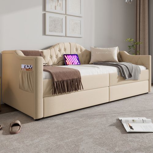 Lit Combiné 90 X 200 Cm - Lit Avec Rangement Et Accoudoirs Vintage - Velours Beige