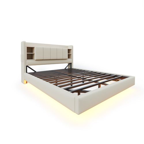 Lit Double 160x200 Cm Avec LED Et Ports USB, Tête Réversible, Rangement Intégré, Lin Beige