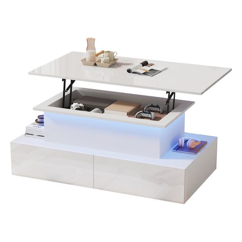 Table Basse, LED Intégrée, 4 Tiroirs, Grand Rangement, Design Moderne, Blanc