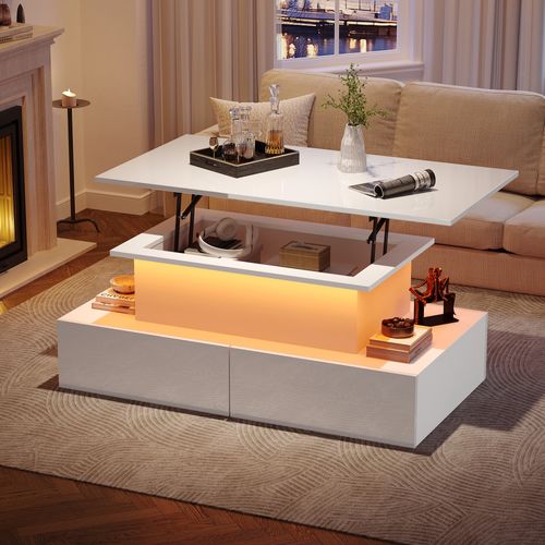 Table Basse, LED Intégrée, 4 Tiroirs, Grand Rangement, Design Moderne, Blanc
