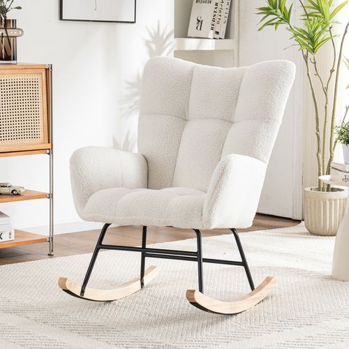 Fauteuil à Bascule Confortable Avec Repose-pieds, Tissu Bois Métal, Blanc 65x47x92 Cm