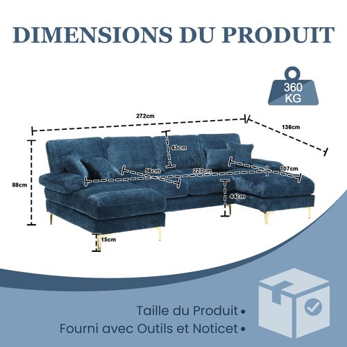 Canapé D'angle 4 Places - U-shape - Coussin Rembourré - Contreplaqué - Fer - Bleu