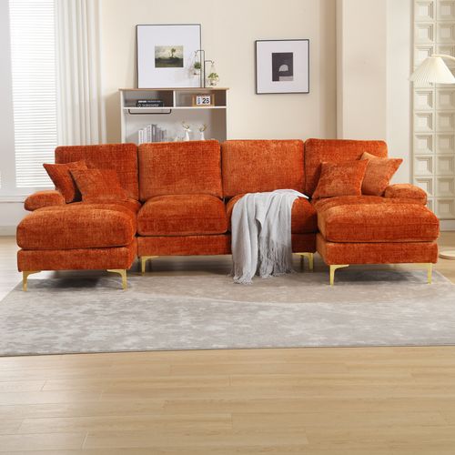 Canapé D'angle 4 Places - U-shape - Rembourrage Mousse - Accoudoirs - Fer - Chenille Orange