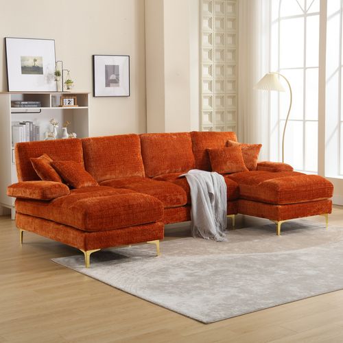 Canapé D'angle 4 Places - U-shape - Rembourrage Mousse - Accoudoirs - Fer - Chenille Orange