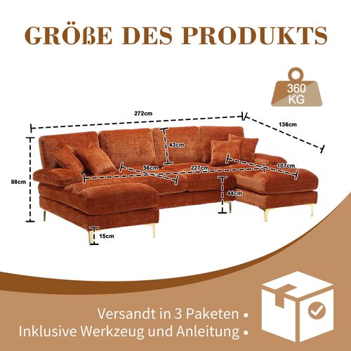 Canapé D'angle 4 Places - U-shape - Rembourrage Mousse - Accoudoirs - Fer - Chenille Orange
