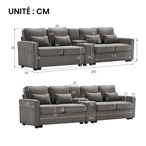 Canapé 4 Places - Accoudoirs Poches - Porte-gobelets - Coussin Lombaire - Bois Fer Lin - Gris Foncé