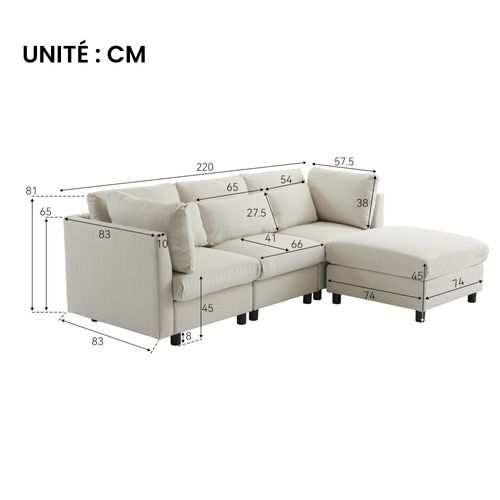 Canapé D'angle 4 Places - Multifonction - Méridienne - Coussins Semi-fixés - Coton Lin - Beige
