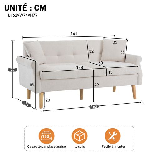 Canapé Droit 2 Places - Fixe Avec Ressorts Ensachés Et Coussins Semi-fixés - Bois Massif Beige