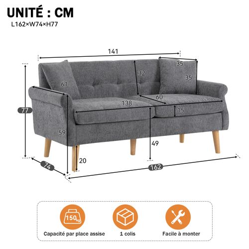 Canapé 2 Places Fixe - Bois Gris, Coussins Semi-fixés, Ressorts Ensachés