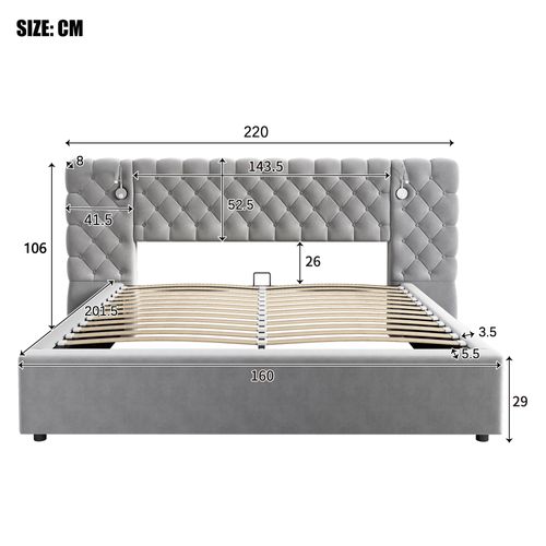 Lit Coffre 160x200cm, Lit Double, Tête De Lit Doux, Sommier En Bois, Rangement Caché, Velours, Gris