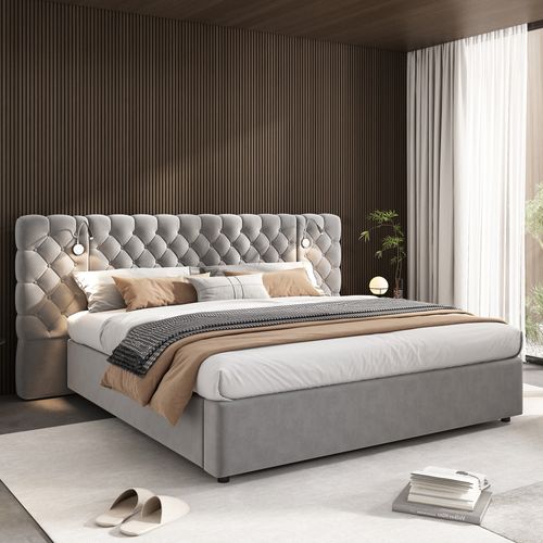 Lit Coffre 160x200cm, Lit Double, Tête De Lit Doux, Sommier En Bois, Rangement Caché, Velours, Gris