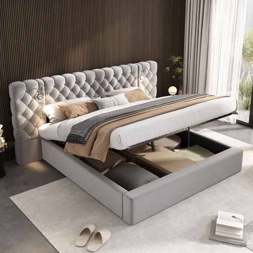 Lit Coffre 160x200cm, Lit Double, Tête De Lit Doux, Sommier En Bois, Rangement Caché, Velours, Gris