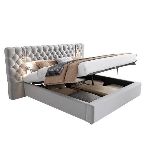Lit Coffre 160x200cm, Lit Double, Tête De Lit Doux, Sommier En Bois, Rangement Caché, Velours, Gris
