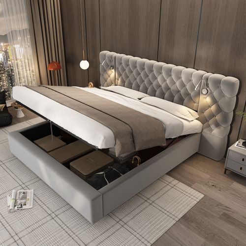 Lit Coffre 160x200cm, Lit Double, Tête De Lit Doux, Sommier En Bois, Rangement Caché, Velours, Gris