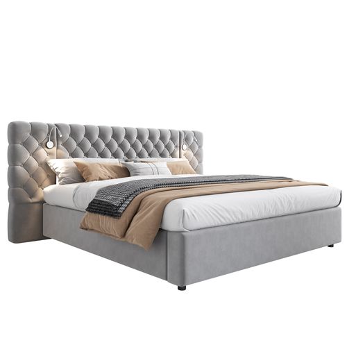 Lit Coffre 160x200cm, Lit Double, Tête De Lit Doux, Sommier En Bois, Rangement Caché, Velours, Gris