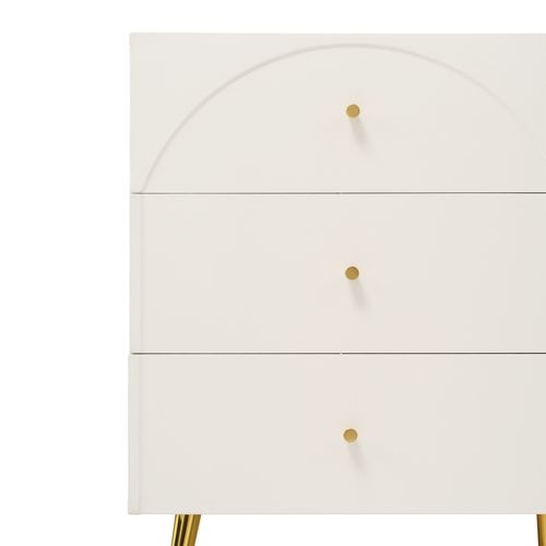 Commode 6 Tiroirs 120*40*85cm, Meuble Salon, 5 Pieds Métalliques, En Métal Et Pb, Blanc