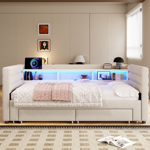 Lit Gigogne 90x190cm, Lit 2 En 1, LED, Ports, 2 Tiroirs, 3 Niches, 1 Étagère, Mdf, Velours, Beige