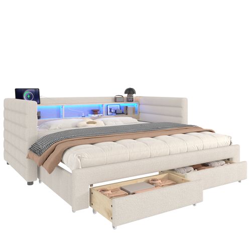 Lit Gigogne 90x190cm, Lit 2 En 1, LED, Ports, 2 Tiroirs, 3 Niches, 1 Étagère, Mdf, Velours, Beige
