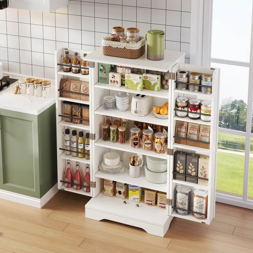 Armoire De Cuisine 120x60x40cm, Buffet Haut, LED, Étagères Réglables, 2 Portes, Mdf, Blanc