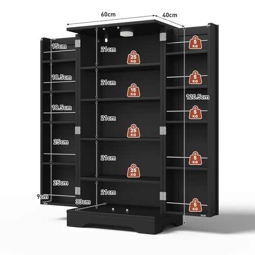 Armoire De Cuisine 120x60x40cm, Buffet Haut, LED à Capteur, Étagères, 2 Portes, Mdf, Noir