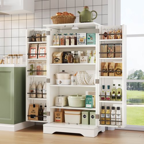 Armoire De Cuisine 120x60x40cm, Buffet Haut, Étagères, Portes Avec Rangement, LED, Mdf, Blanc