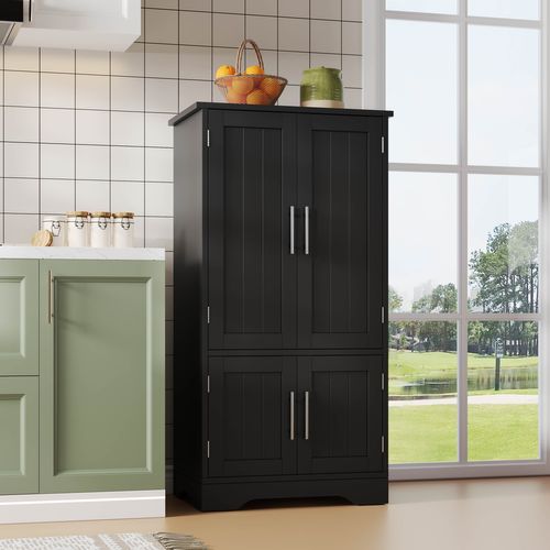 Armoire De Cuisine 120x60x40cm, Buffet Haut, LED, 8 Étagères Réglables, 4 Portes, Mdf, Noir