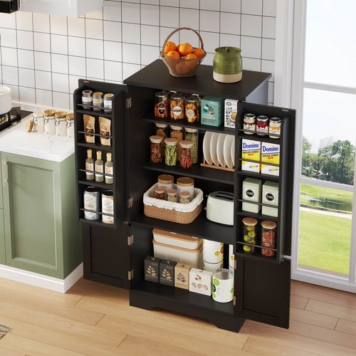 Armoire De Cuisine 120x60x40cm, Buffet Haut, LED, 8 Étagères Réglables, 4 Portes, Mdf, Noir