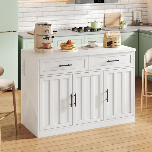 Îlot Central 120x60x91cm, Buffet De Cuisine, Portes, Tiroirs, Charge, Mdf, Blanc + Motif Marbre