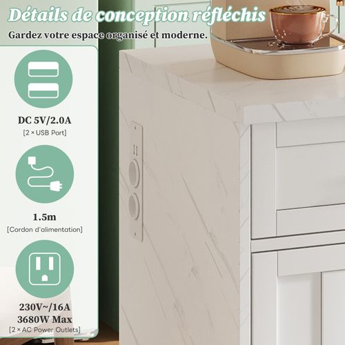 Îlot Central 120x60x91cm, Buffet De Cuisine, Portes, Tiroirs, Charge, Mdf, Blanc + Motif Marbre