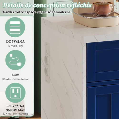 Îlot Central 120x60x91cm, Buffet De Cuisine, Portes, Tiroirs, Charge, Mdf, Bleu + Motif Marbre