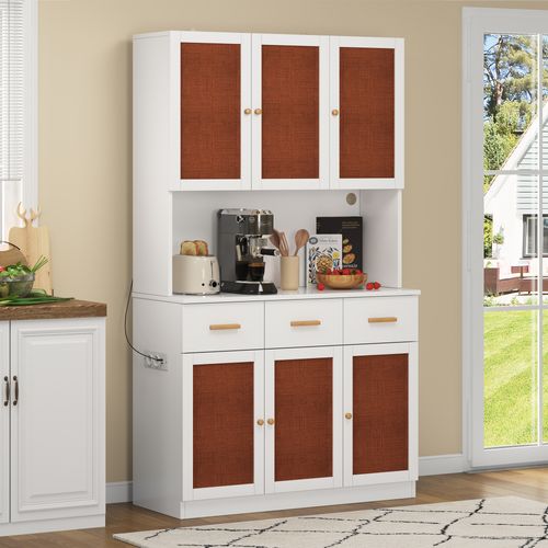 Armoire De Cuisine 105*43*182cm, Buffet De Cuisine, Prise, Porte, Tiroir, LED, Mdf, Blanc, Rouge