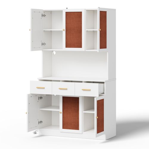 Armoire De Cuisine 105*43*182cm, Buffet De Cuisine, Prise, Porte, Tiroir, LED, Mdf, Blanc, Rouge