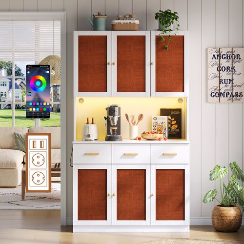 Armoire De Cuisine 105*43*182cm, Buffet De Cuisine, Prise, Porte, Tiroir, LED, Mdf, Blanc, Rouge