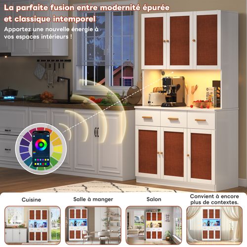 Armoire De Cuisine 105*43*182cm, Buffet De Cuisine, Prise, Porte, Tiroir, LED, Mdf, Blanc, Rouge