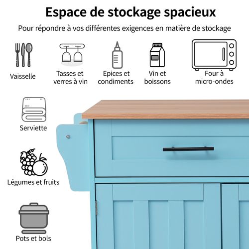 Îlot De Cuisine 129x46x91,5cm, Porte-serviette, Plateau Pliable, 2 Tiroir, Mdf, Couleur Bleu Et Bois