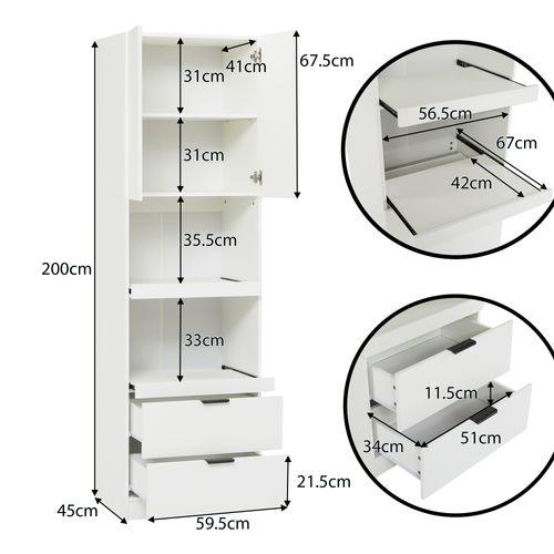 Buffet De Cuisine 59.5x45x200cm, Buffet Haut, 2 Porte, 2 Tiroir, Étagères Coulissant, Mdf, Pb, Blanc