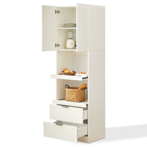 Buffet De Cuisine 59.5x45x200cm, Buffet Haut, 2 Porte, 2 Tiroir, Étagères Coulissant, Mdf, Pb, Blanc