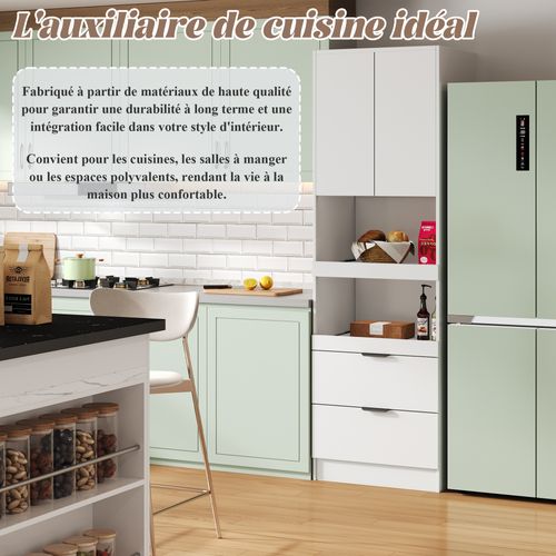 Buffet De Cuisine 59.5x45x200cm, Buffet Haut, 2 Porte, 2 Tiroir, Étagères Coulissant, Mdf, Pb, Blanc